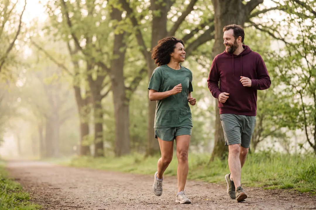 Two adults jogging on a tree-lined park path in the morning