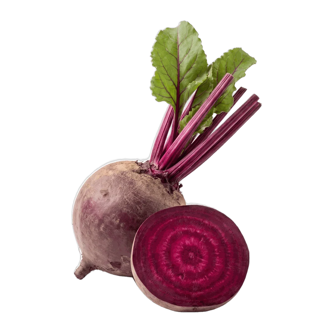 Whole and halved fresh beetroot