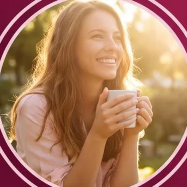 Smiling woman holding a mug outdoors in warm morning light