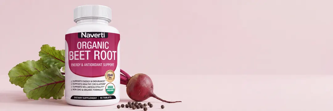 Naverti Organic Beet Root bottle with a beetroot on a blush background