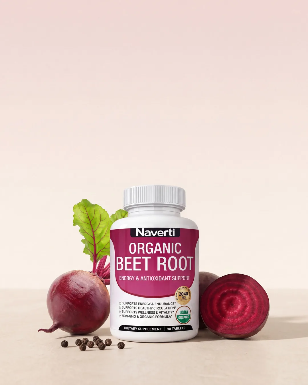 Naverti Organic Beet Root bottle beside fresh beetroots and black peppercorns