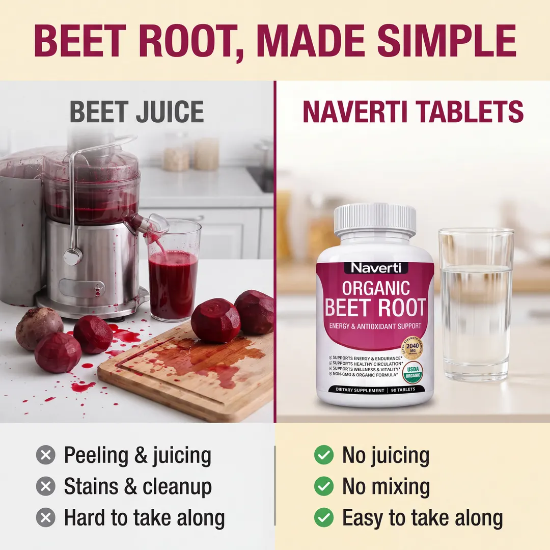 Comparison of beet juicing, with peeling, stains and cleanup, against a Naverti tablet bottle and a glass of water