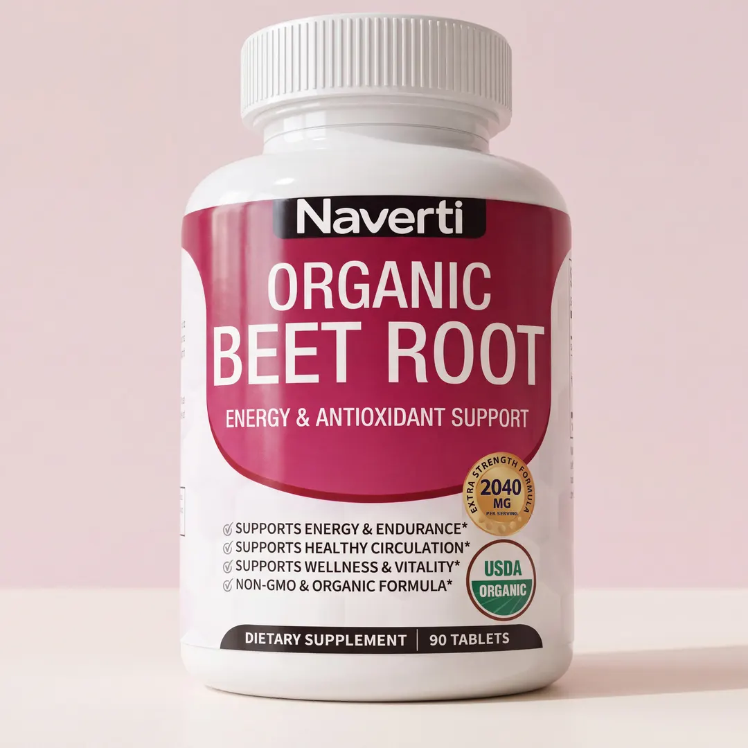 Close view of the Naverti Organic Beet Root bottle and label