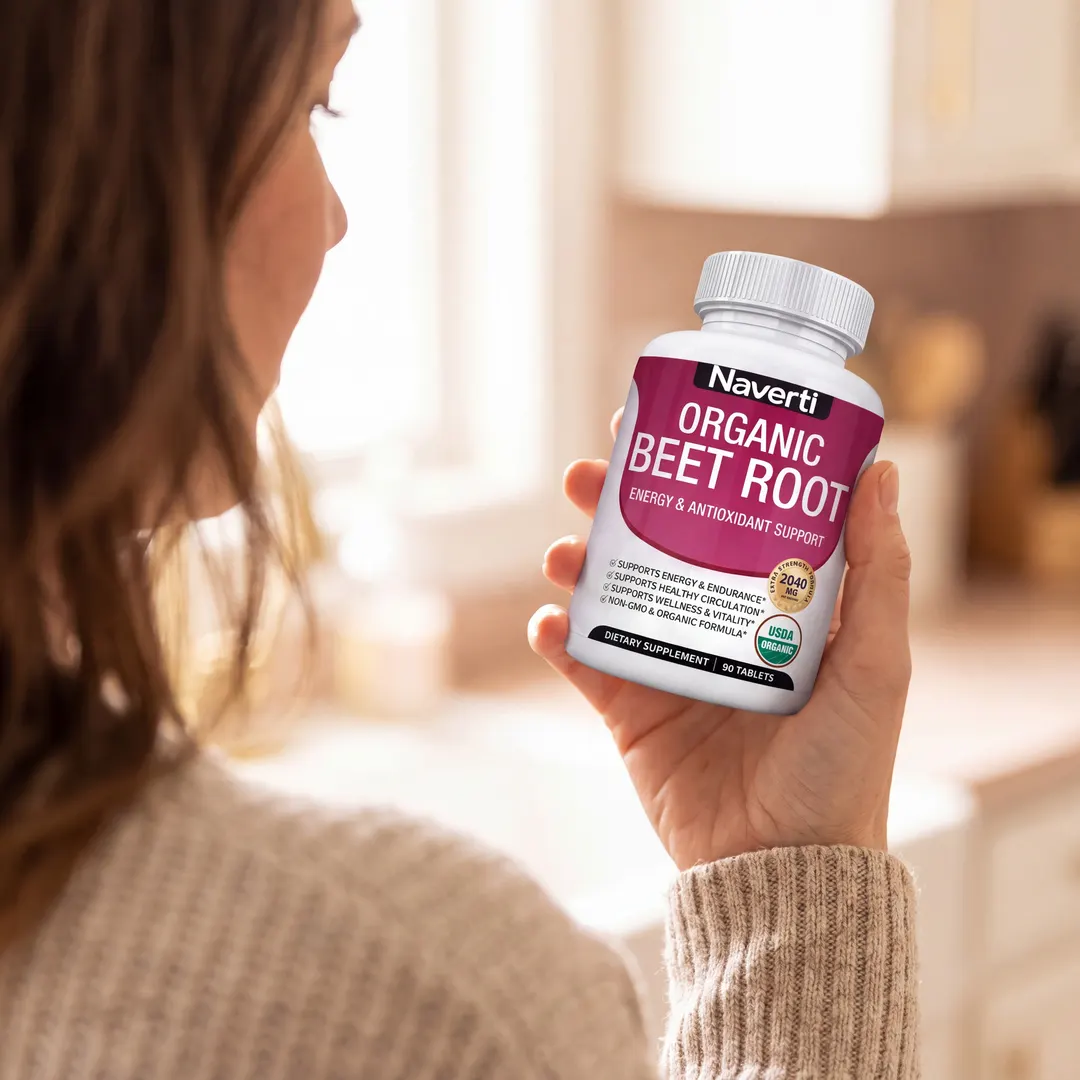 A woman reading the label of a Naverti Organic Beet Root bottle in her kitchen