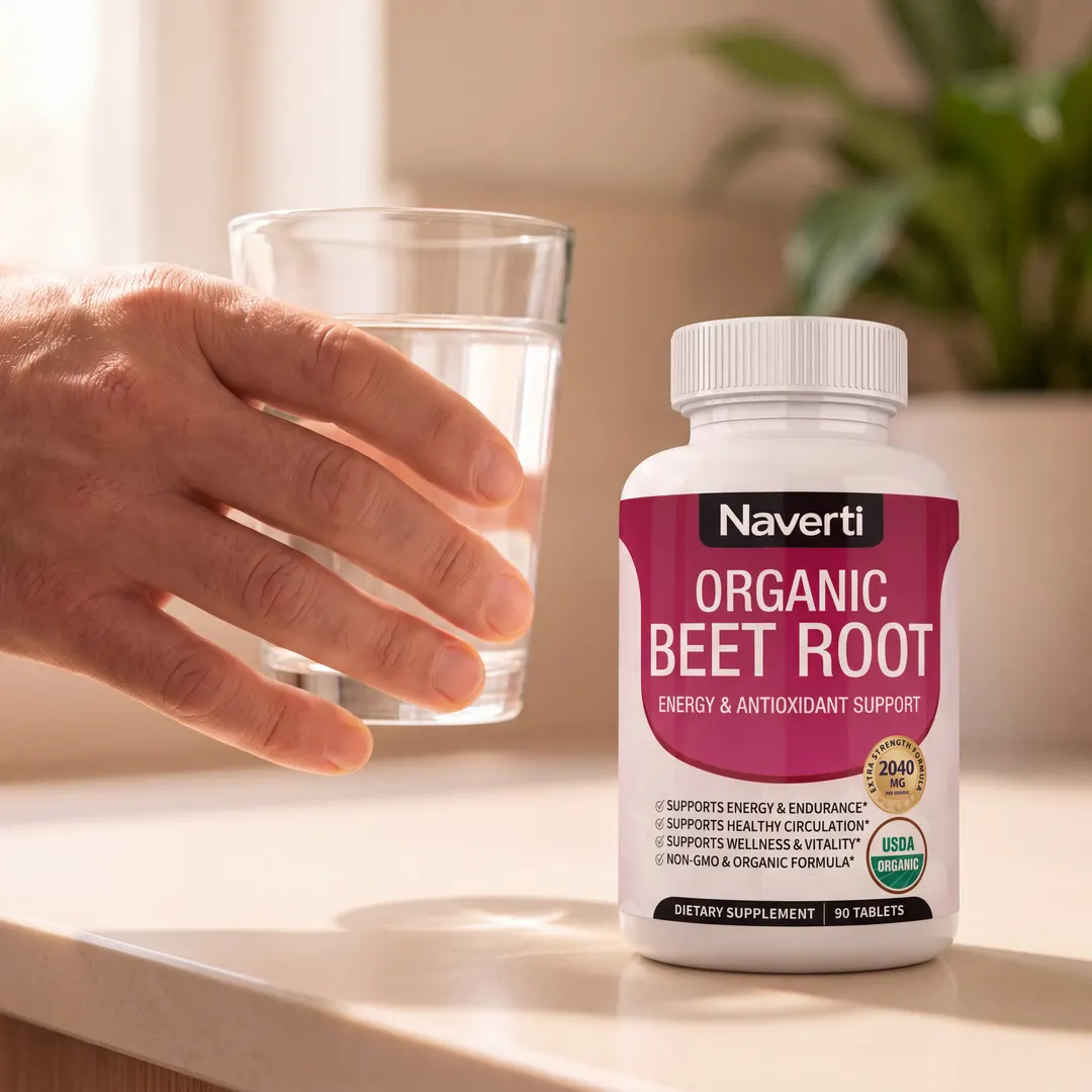 A hand lifting a glass of water beside a Naverti bottle